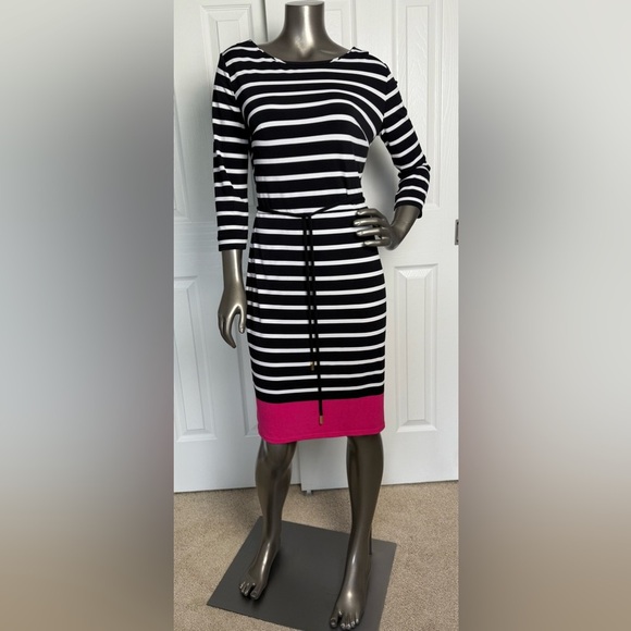 Liz Claiborne Dresses & Skirts - Liz Claiborne Dress Women's Sz S Belted‎ Sheath 3/4 Sleeve Knee Length Striped